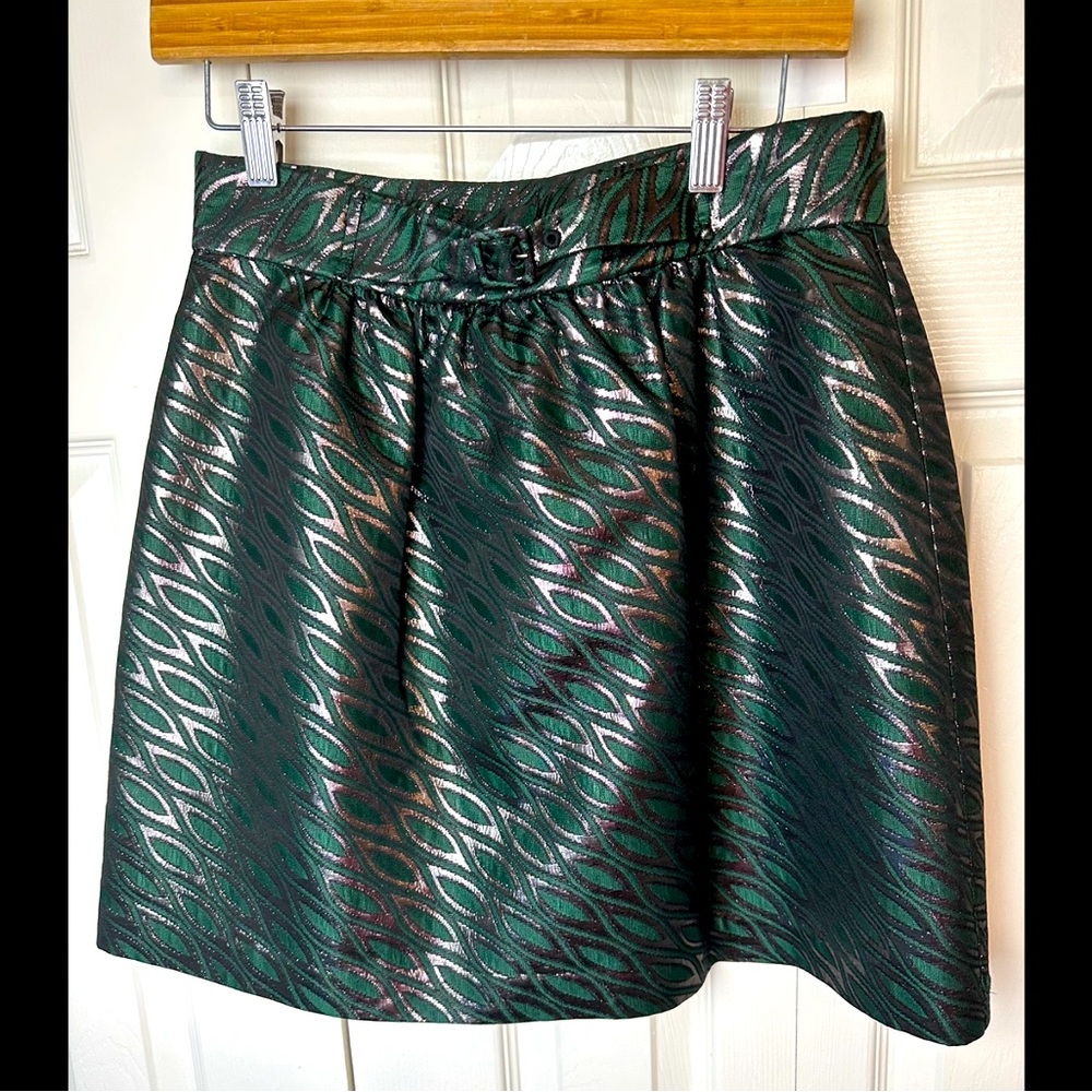 New TIBI Metallic Jacquard Mini Skirt Emerald Green Gunmetal Gray Black Short